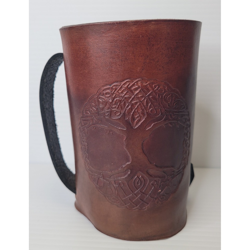 Artisan Leather Mug Wrap‎ Tankard Sleeve Brown Tree of Life Celtic Handle